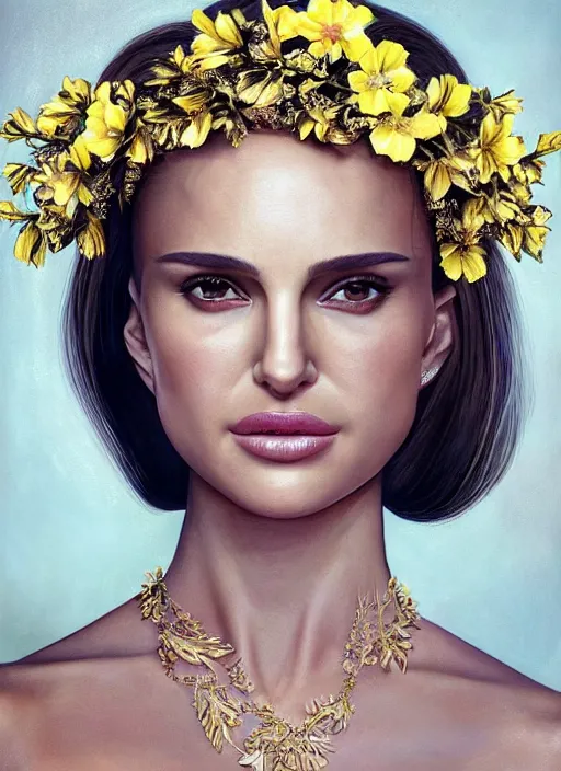 Prompt: combination of Natalie Portman and Adriana Lima with golden hair wears floral crown, stoic attitude, zenithal lighting shadowing the push-up, ultra detailed, sharp focus highly detailed, sharp focus, golden background with flowers, photorealism,pose by Hajime Sorayama, art by Hirothropologie , artgerm and Patrick DeMarchelier