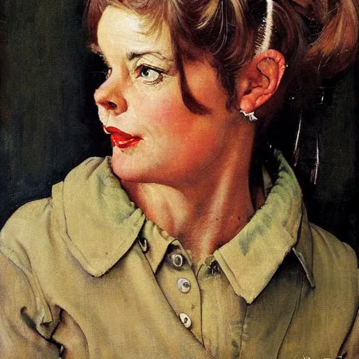 Image similar to Front portrait of a woman who cleverly uses casual clothing to look like a cat. A painting by Norman Rockwell.