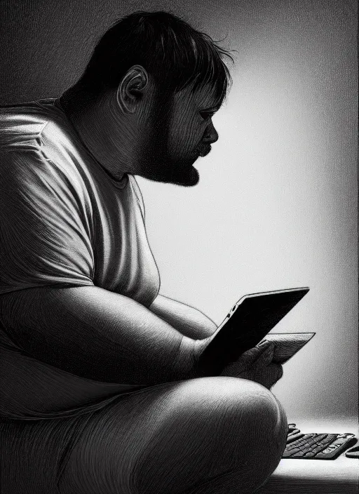 Prompt: insanely detailed chiaroscuro image of a exhausted - looking slightly fat casually - dressed programmer guy on his knees facing his glowing ultrawide computer monitor monitor begging it for forgiveness, oil on canvas, masterwork, fine detail, trending on artstation, emotive, insanely compelling, ryden, greg rutkowsky, moebius