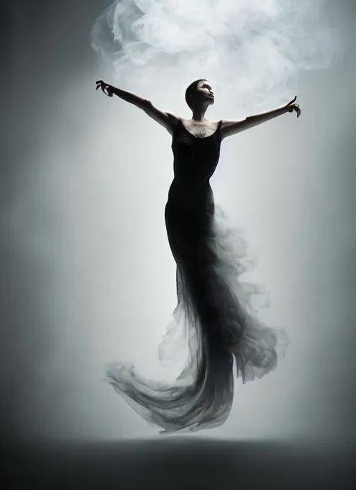 Image similar to a Photorealistic dramatic hyperrealistic render of a glamorous beautiful Female smoke dancer by Ken Brower and Deborah Ory of NYC Dance project,Lois Greenfield,Flowing cloth and smoke,Beautiful dynamic dramatic dark moody lighting,volumetric,shadows,cinematic atmosphere,Octane render,8K