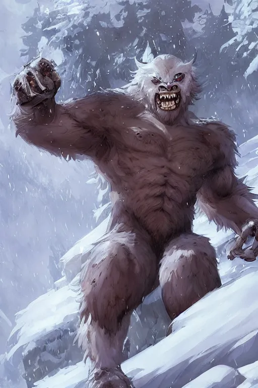 Image similar to a monster werewolf in the snow, snowy. By Makoto Shinkai, Stanley Artgerm Lau, WLOP, Rossdraws, James Jean, Andrei Riabovitchev, Marc Simonetti, krenz cushart, Sakimichan, trending on ArtStation, digital art.