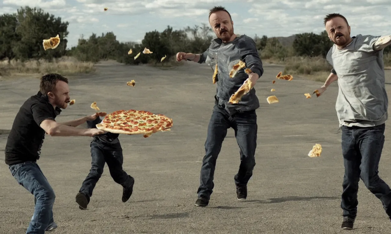 Image similar to jesse pinkman throwing pizza at walter white while he's running away, still shot from breakingbad serie