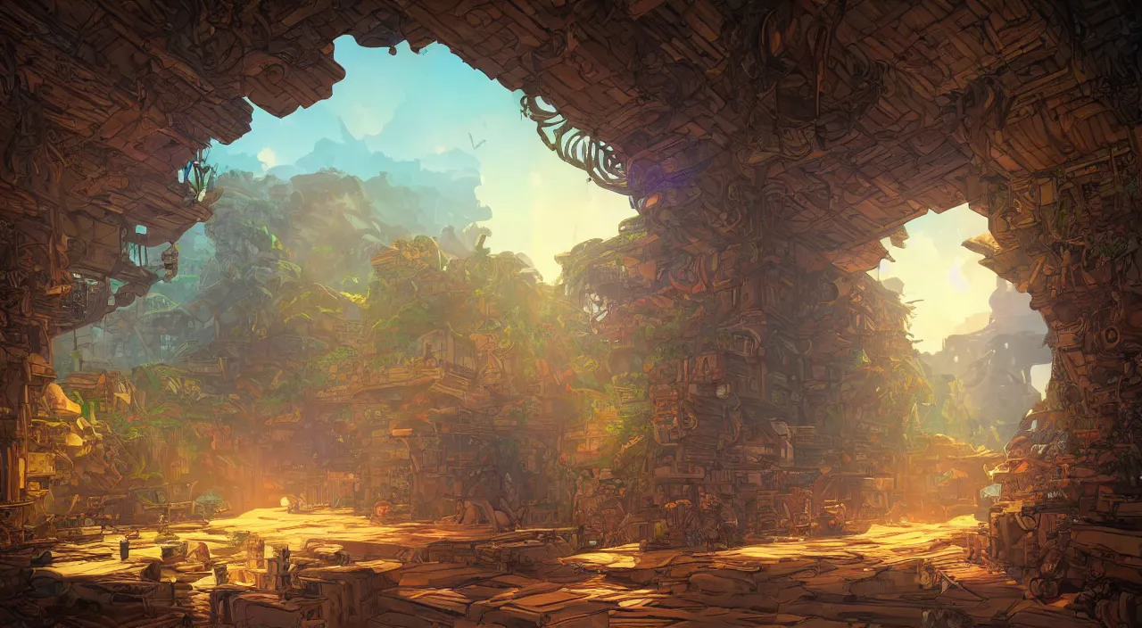 Image similar to open door wood wall fortress airship greeble block amazon jungle on portal unknow world ambiant fornite colorful radiating a glowing aura global illumination ray tracing hdr that looks like it is from borderlands and by feng zhu and loish and laurie greasley, victo ngai, andreas rocha, john harris