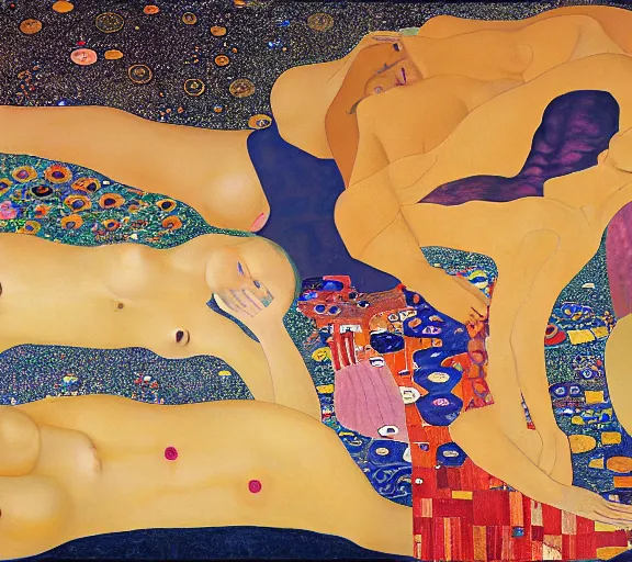 Image similar to a river of bodies and nebula and jewels, by Georgia O keeffe, by Gustav klimt