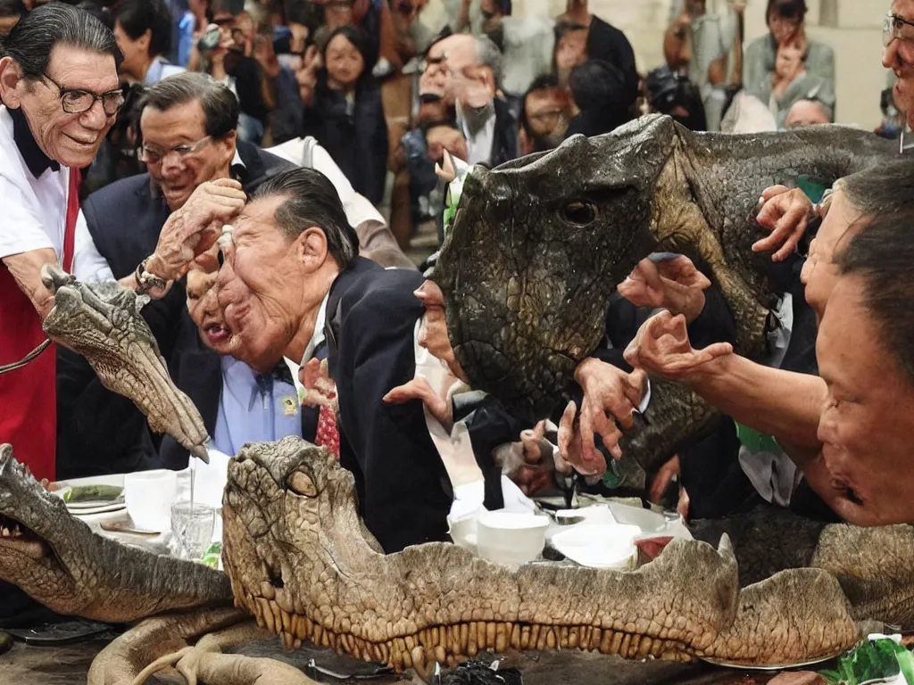 Prompt: Juan Ponce Enrile eating a dinosaur