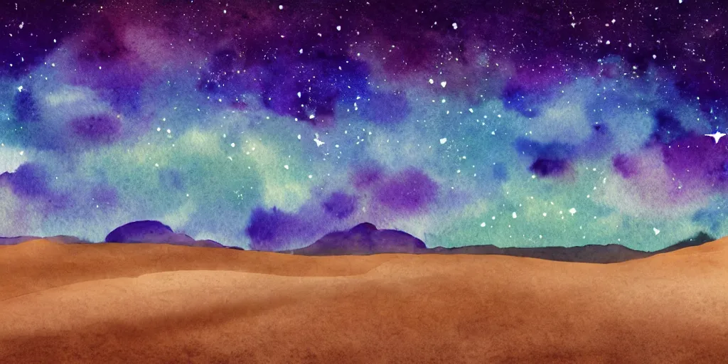 Image similar to desert with sky with stars in watercolor, cinematic, highly detailed wide, atmospheric lighting, muted colors