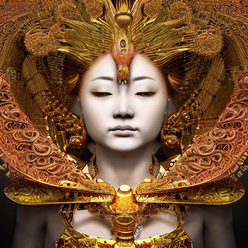 Prompt: hyper realistic portrait photo of ameterasu the sun goddess of japan, portrait shot, intricate detail, octane render