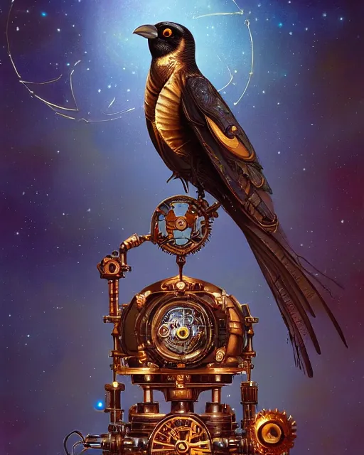 Prompt: a stunning fantasy portrait of an art - deco mechanical steampunk crow, closeup | highly detailed | very intricate | disney | artdeco steampunk | dramatic magical | bokeh moon stars | professional cinematic lighting | award - winning | painted by beeple and donato giancola and rhads | richcolor palette | featured on artstation