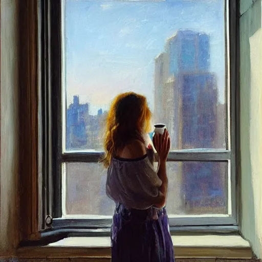 Prompt: “ a girl holding a cup of coffee looking out a window overlooking the east village in new york city, morning light, by daniel gerhartz ”