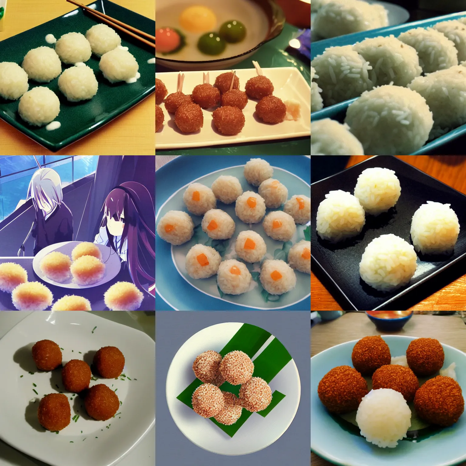 Prompt: delicious rice balls, triangle, by makoto shinkai