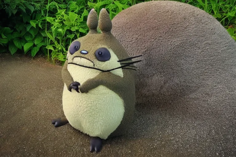 Prompt: real life totoro, cute!!!, happy!!!, chunky!!!, content!!!, mischievous!!!, adorable!!!, fluffy!!!, ultra realistic!!!, golden hour, frog perspective, sharp focus