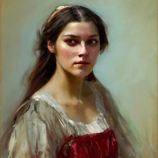 Image similar to Solomon Joseph Solomon and Richard Schmid and Jeremy Lipking victorian genre painting portrait painting of a happy young beautiful woman traditional american indian actress model old west character in fantasy costume, red background