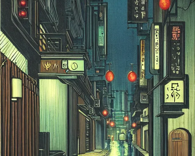 Image similar to cozy dark street with in a cyberpunk city on a rainy melancholy osaka night in 1 9 9 6 by de chirico