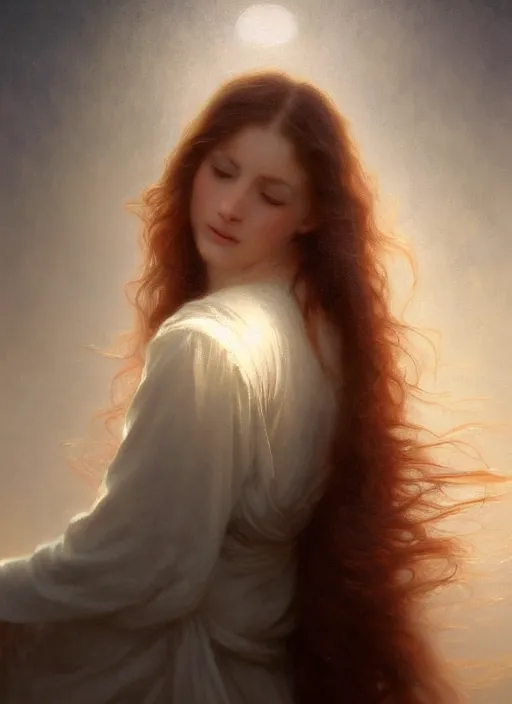 Image similar to oil painting close up portrait of a contemplative young irish woman with long redhead flowing hair in a dress made of white roses!! at sunset, hazy, digital art, chiaroscuro, artstation, cinematic, golden hour, digital art painting by greg rutkowski, william - adolphe bouguereau, foggy atmosphere, cinematic lighting