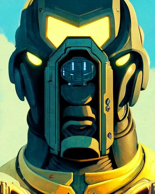 Image similar to doomfist from overwatch, slight smile, elegant, character portrait, portrait, close up, concept art, intricate details, highly detailed, vintage sci - fi poster, retro future, in the style of chris foss, rodger dean, moebius, michael whelan, and gustave dore