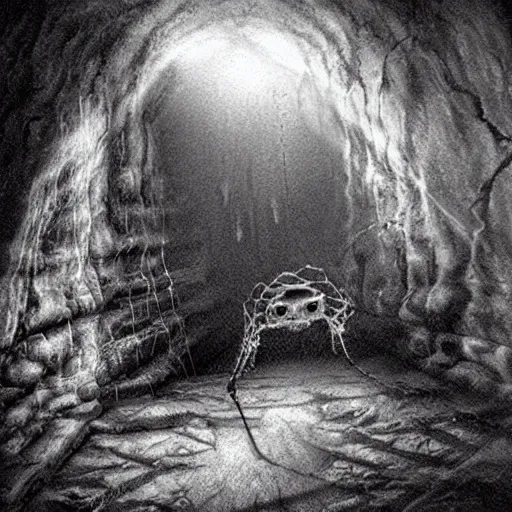 Image similar to a deep cave with a spider waiting in the shadows. fantasy. atmospheric. scaring. very detailed.