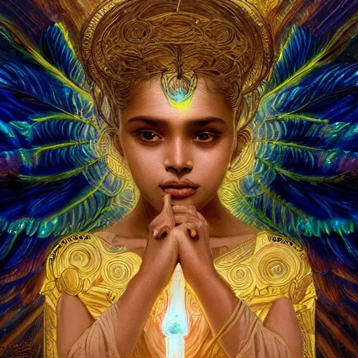 Image similar to Sri lankan girl as a winged angel covered in eyes with glowing halo, iridescent, seraphim, fantasy, intricate, elegant, highly detailed, digital painting, artstation, concept art, smooth, sharp focus, illustration, art by Krenz Cushart and Artem Demura and alphonse mucha