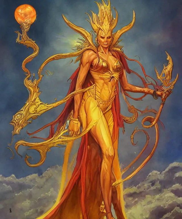 Prompt: a oil / watercolor painting full body character portrait of invoker of the sun goddess in the style of moebius in the style of frank frazetta trending on artstation deviantart pinterest detailed realistic hd 8 k high resolution