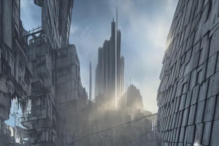 Image similar to streetscape, a towering cathedral of brutalist architecture, buildings covered with greebles, stunning volumetric light, sunset, metal, concrete and translucent material, stunning skies, majestic landscape, trending on Artstation, 8k, photorealistic, hyper detailed, unreal engine 5, IMAX quality, cinematic, epic lighting, in the style of Greg Rutkowski