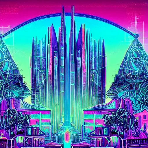 Prompt: mystical psychedelic poster with shaded lighting in the style of andriod jones, radiant light, detailed and complex environment, solace, beautiful, utopic astral city in the sky with many buildings and temples reflecting an modern city on the ground with old growth pine trees, overlaid sacred geometry, with implied lines, gradient of hot pink and neon baby blue