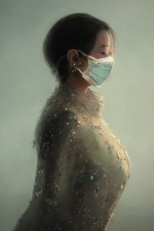 Prompt: A fancy portrait of a women wearing a lower face crystal mask by Greg Rutkowski, beeple, Sung Choi, Mitchell Mohrhauser, Maciej Kuciara, Johnson Ting, Maxim Verehin, Peter Konig, final fantasy, macro lens, 35mm, 8k photorealistic, cinematic lighting, HD, high details, dramatic, dark atmosphere, trending on artstation