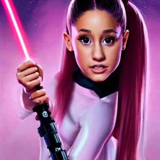 Image similar to A hyper realistic photo of Ariana Grande in the Star Wars universe with two pink lightsabers. Maximum detail on artstation, photo realism