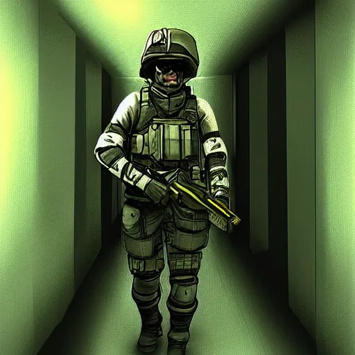 Prompt: futuristic soldier, in a futuristic hallway, digital art