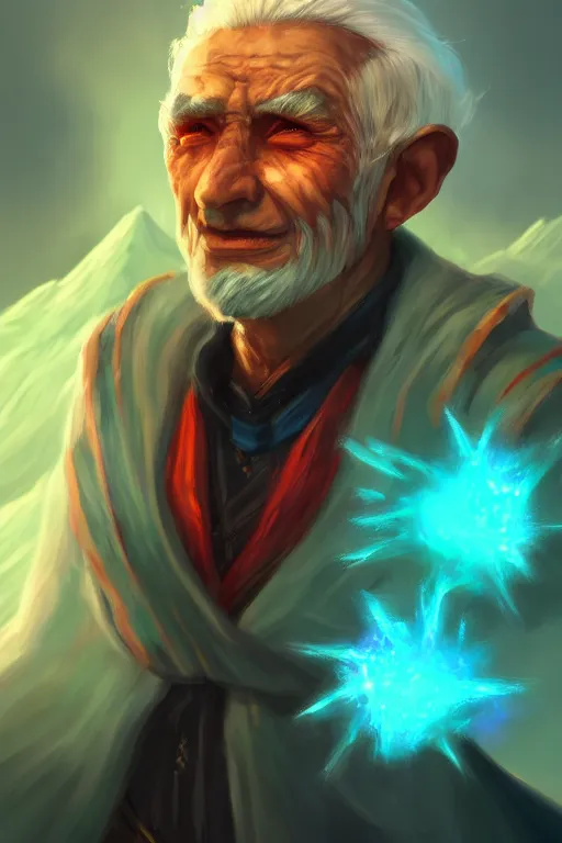 Prompt: a human elemental sorcerer, mountainous setting, colorful magic effects, white skin, portrait, older gentleman, sharp focus, digital art, concept art, trending on artstation, dynamic lighting, by emylie boivin