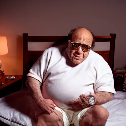 Image similar to Danny DeVito on a bed with The Predator, cinematic, studio light, 8K,