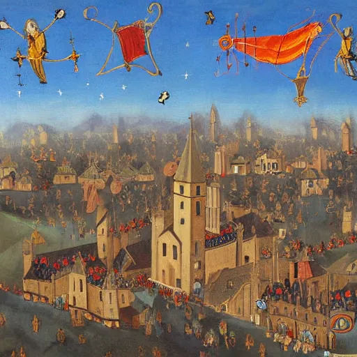 Image similar to a medival painting of holy objects flying above a medival town.