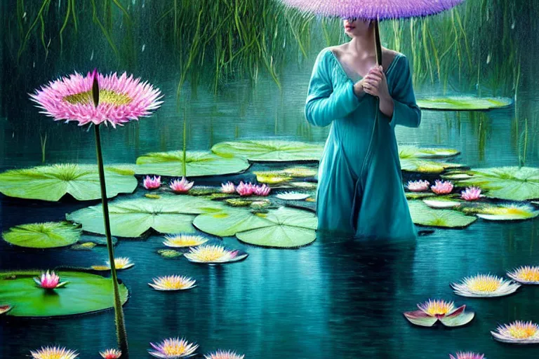 Image similar to light teal portrait in the rain on pond with waterlilies, fantasy, intricate, elegant, dramatic lighting, emotionally evoking symbolic metaphor, highly detailed, lifelike, photorealistic, digital painting, artstation, concept art, smooth, sharp focus, illustration, art by John Collier and Albert Aublet and Krenz Cushart and Artem Demura and Alphonse Mucha