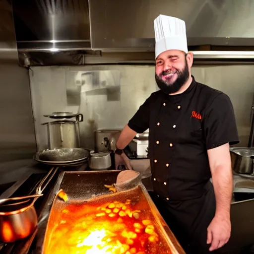 Prompt: karlos arguinano wearing a chef's hat cooking some lentils in hell