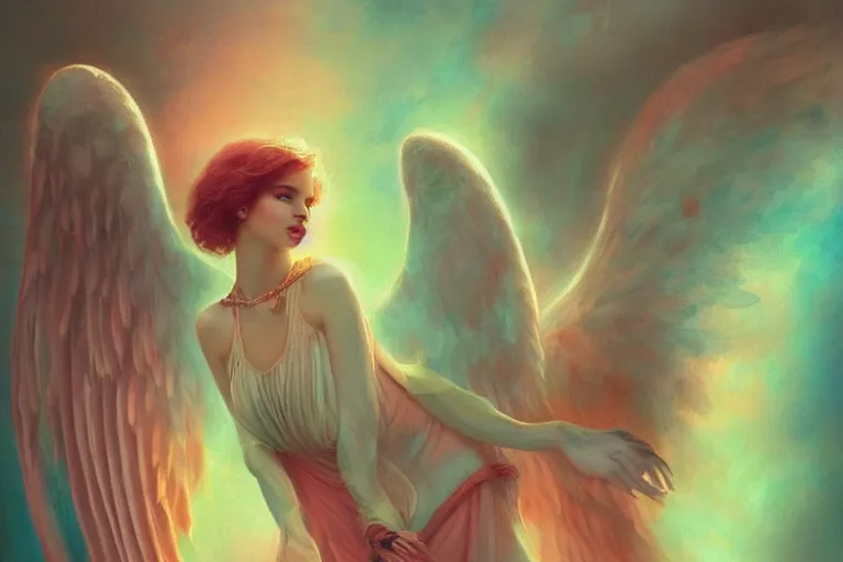 Image similar to pretty angel girl with wings photograph in the style of tom bagshaw, colorful, realistic, 8 k