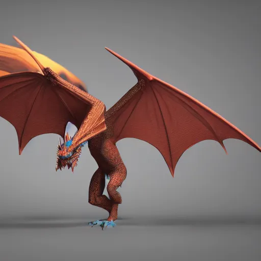 Prompt: a 3 d render of a feathery male dragon with a spike at the tip of his tail