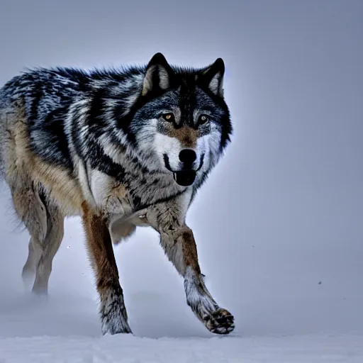 Image similar to Wolf running through snow, XF IQ4, 150MP, 50mm, f/1.4, ISO 200, 1/160s, natural light, Adobe Photoshop, Adobe Lightroom, DxO Photolab, Corel PaintShop Pro, rule of thirds, symmetrical balance, depth layering, polarizing filter, Sense of Depth, AI enhanced