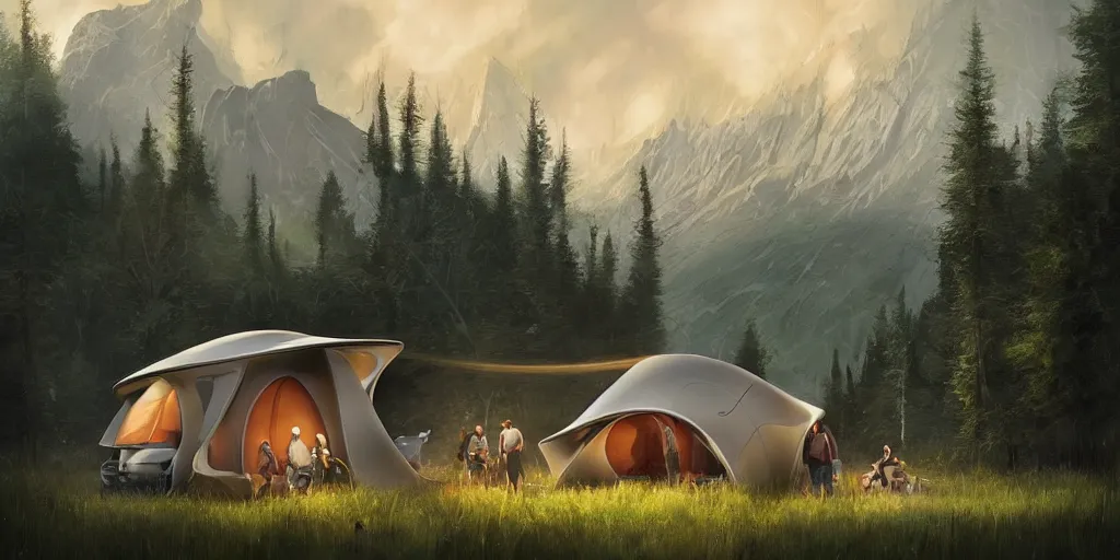 Image similar to cabela's tent futuristic pop up family pod, cabin, modular, person in foreground, mountainous forested wilderness open fields, beautiful views, painterly concept art, joanna gaines, environmental concept art, farmhouse, magnolia, concept art illustration by ross tran, by james gurney, by craig mullins, by greg rutkowski trending on artstation