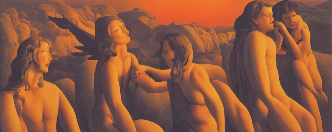 Prompt: Paradise, Soul-eating angels satisfy their hunger, sunset lighting, in the style of George Tooker