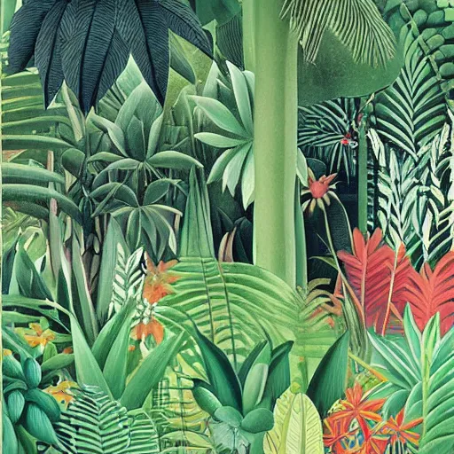 Prompt: a jungle scenery by henri rousseau and james gilleard