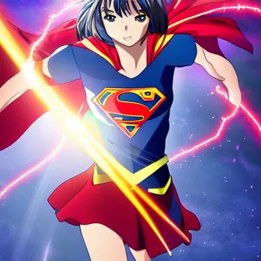 Image similar to anime visual of supergirl, laserbeam from eyes, official media