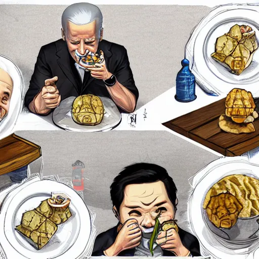 Image similar to happy biden eats dumplings, concept art, trending on artstation, highly detailed, intricate, sharp focus, digital art, 8 k