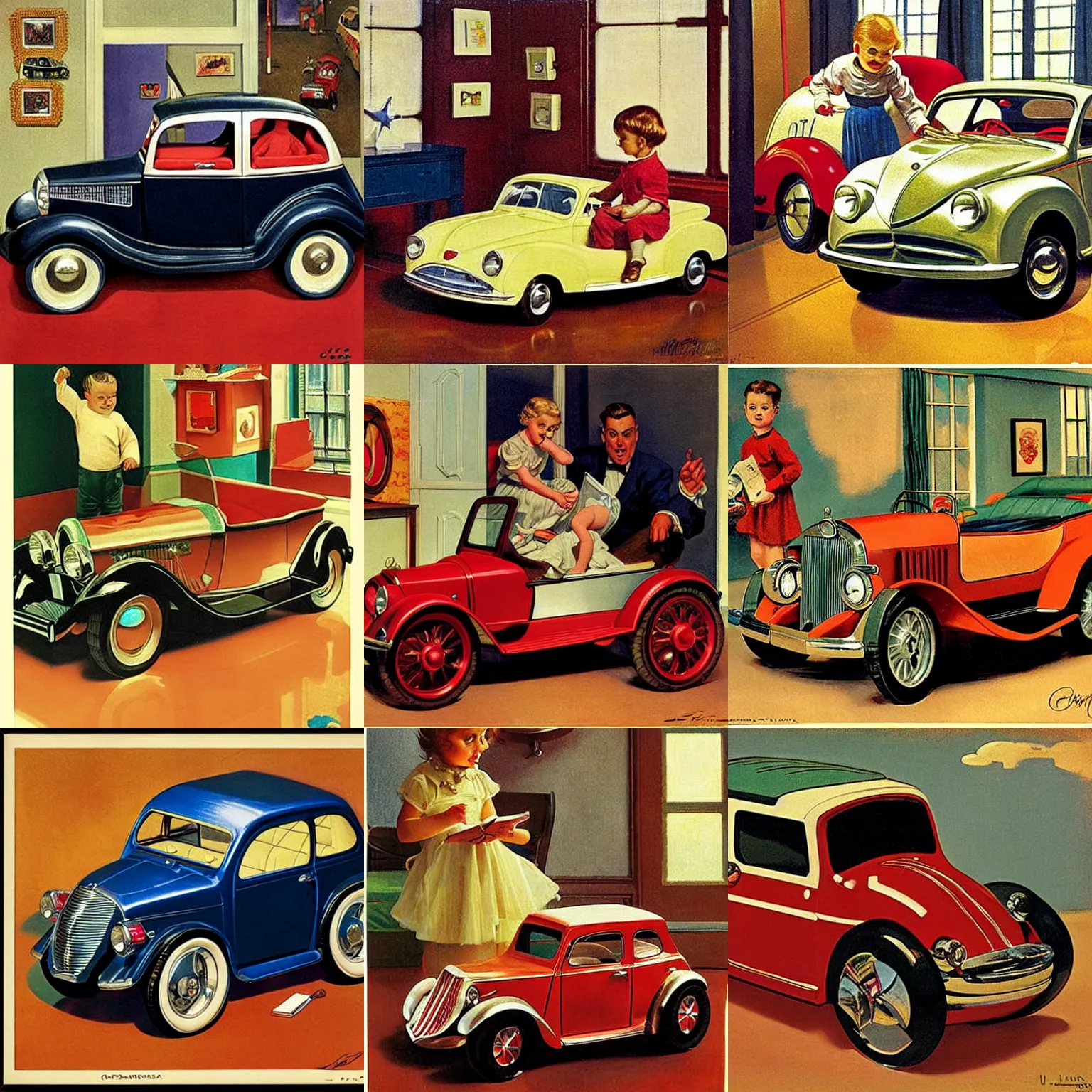 Prompt: a shiny toy car in a kid's room, art by j. c. leyendecker