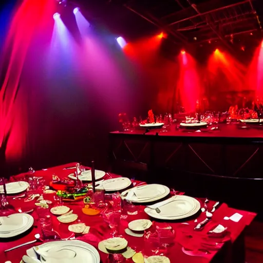 Prompt: Long table with a feast and a rockstar playing a guitar standing on the table,low angle shot 35mm photograph, dramatic studio lighting, concert lights, red color scheme.