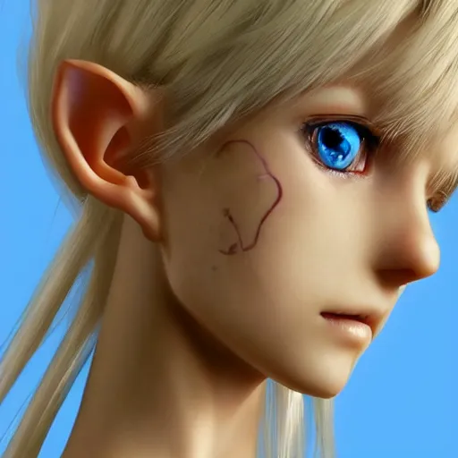 Image similar to UHD photorealistic anime, highly detailed beautiful gorgeous cute innocent young gentle elf princess in final fantasy style +(anatomically correct facial features + (highly detailed = silky blonde hair)+((highly detailed and anatomically correct (realistic and highly detailed + anatomically correct and accurately shaped stunning blue=eyes),highly detailed and anatomically correct nose, highly detailed and anatomically correct lips)))) by Ruan Jia, Fenghua Zhong, and Ferdinand Knab