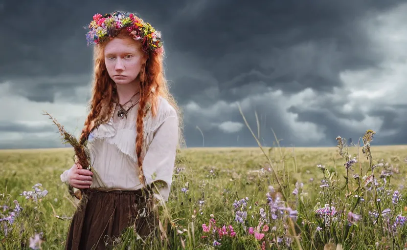 Prompt: a country woman named Savannah Savage, innocent, sad blue eyes, freckles, long ginger hair in a messy braid, thoughtful in a field of flowers on a farm, gentle lighting, innocent mood, storm in the distance, somber, western clothing, dress, 8k hdr pixiv dslr photo by Makoto Shinkai ilya kuvshinov and Wojtek Fus, digital art, concept art,