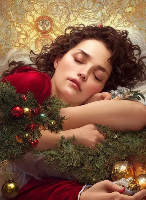 Prompt: fifty year old woman with short wavy curly hair, asleep at christmas. surrounded by gifts. high quality detailed face. beautiful painting by artgerm and greg rutkowski and alphonse mucha