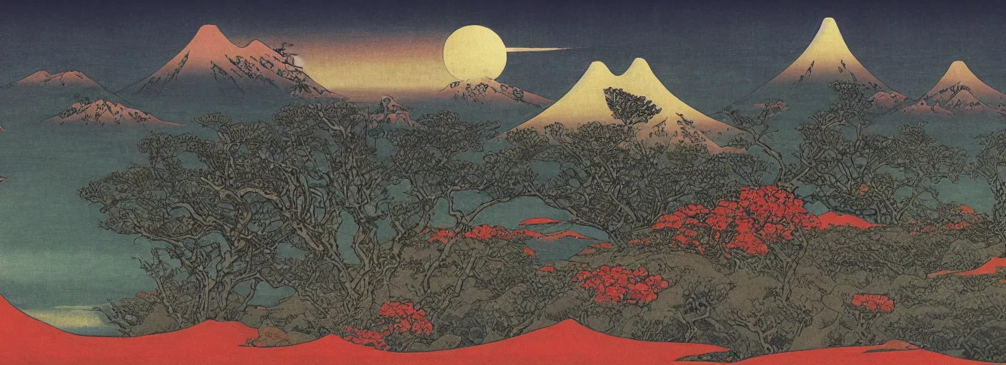 Prompt: alien landscape with mountains and trees from another reality, katsushika hokusai, beksinski, high details, colorful