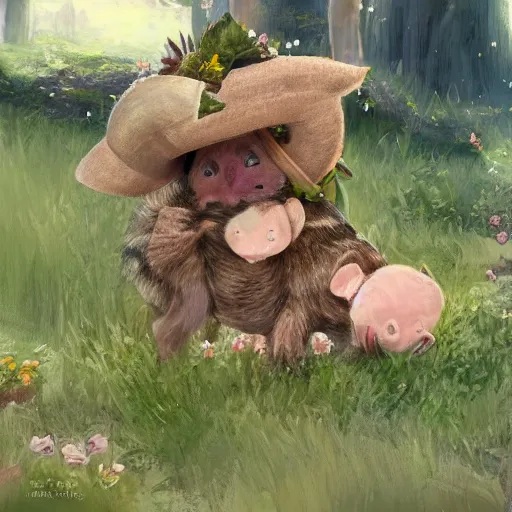 Image similar to cute and adorable miniature piggy 🐖 wearing a cute hat on garden during a summer day, chibi, anime, highly detailed, digital painting, artstation, concept art, smooth, sharp focus, illustration, art by yee chong and sydney hanson and rossdraws and greg rutkowski