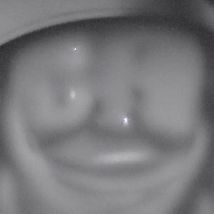 Image similar to cctv footage of an uncanny figure smiling at the camera, creepy