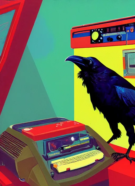 Image similar to a raven digging through 8 0 s era technology, vintage shapes, retro technology, happy color, wayne barlow, oil on canvas, deep depth field, masterpiece, cinematic composition, hyperdetailed