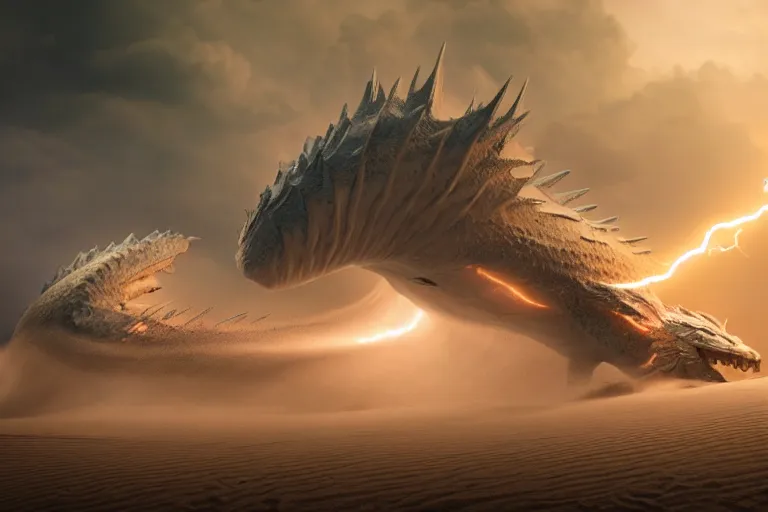 Image similar to sand dragon with lightnings and smoke is fighting against giant wind monster with cyclones, cgsociety, full length, exquisite detail, post - processing, masterpiece, volumetric lighting, cinematic, hypermaximalistic, polarizing filter,, sony a 7 r iv, cinematic, 8 k resolution, beautiful detailed, insanely intricate details, sharp edges, smooth focus, low angle,